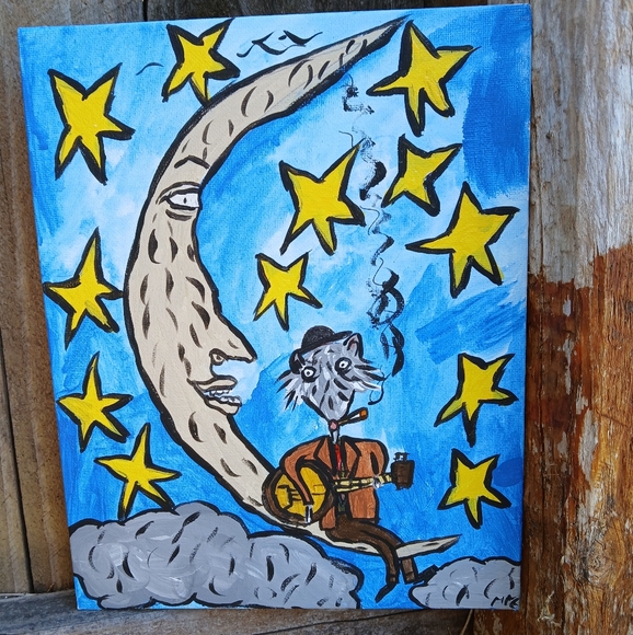 Possum Playing Banjo On Moon Original Painting - Picture 1 of 12
